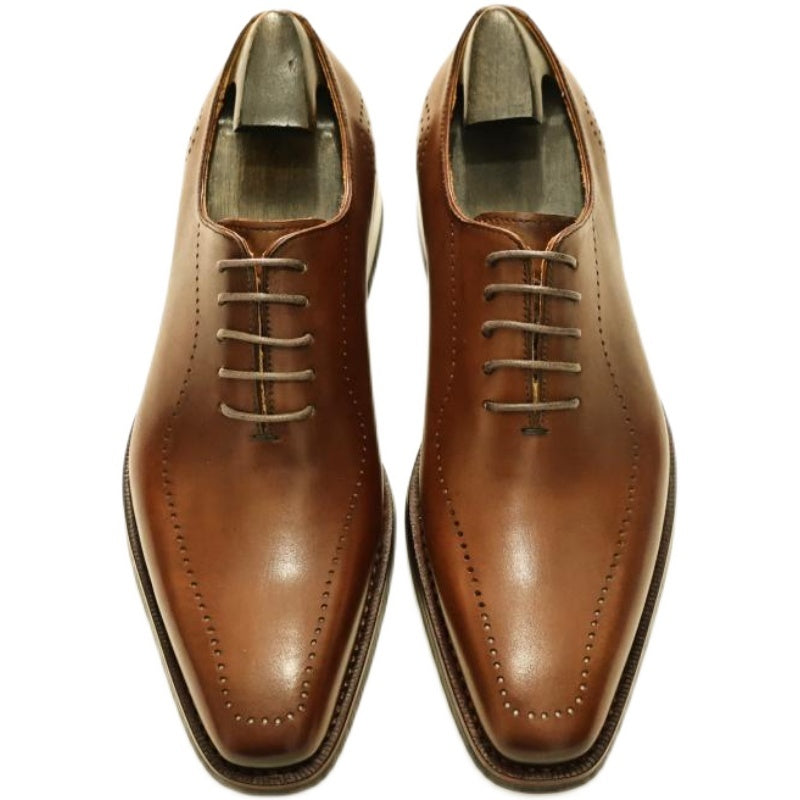 Men's Lace-Up Pointed Toe Wear Resistant Square Vintage Leather Shoes