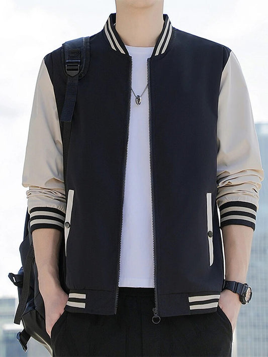 Manfinity Homme Men's Loose Fit Baseball Jacket With Contrast Color And Letter Print